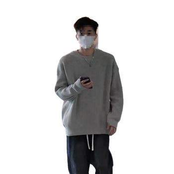 Πλεκτός ανδρικός πουλόβερ με fleece επένδυση, στενή γραμμή, στρογγυλός λαιμός, μακριά μανίκια, ύφασμα από μείγμα πολυεστέρα και βισκόζης