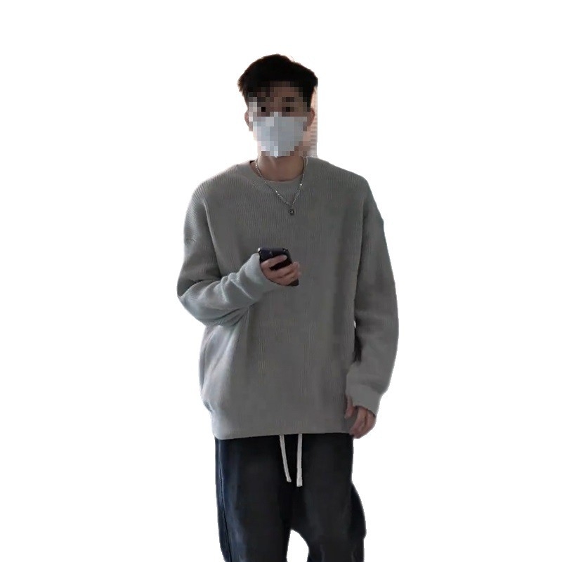 Πλεκτός ανδρικός πουλόβερ με fleece επένδυση, στενή γραμμή, στρογγυλός λαιμός, μακριά μανίκια, ύφασμα από μείγμα πολυεστέρα και βισκόζης