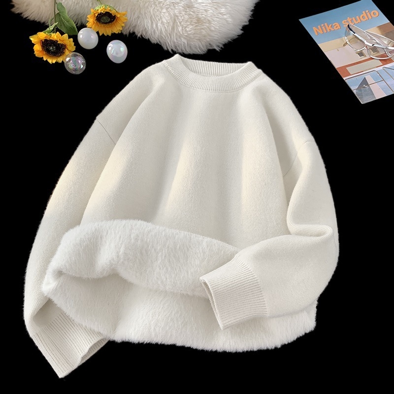 Πλεκτός ανδρικός πουλόβερ με fleece επένδυση, στενή γραμμή, στρογγυλός λαιμός, μακριά μανίκια, ύφασμα από μείγμα πολυεστέρα και βισκόζης