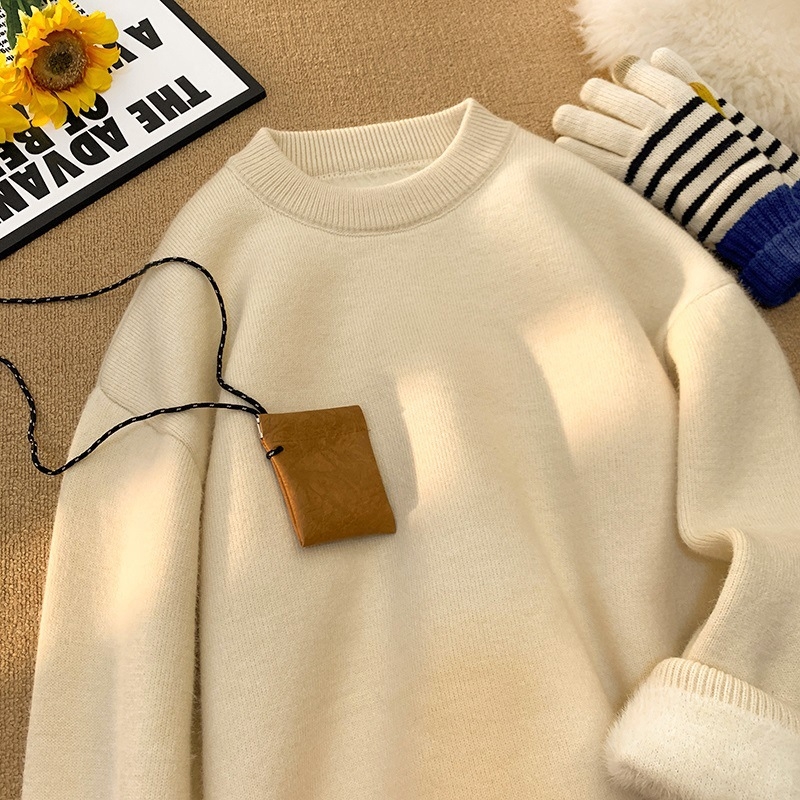 Πλεκτός ανδρικός πουλόβερ με fleece επένδυση, στενή γραμμή, στρογγυλός λαιμός, μακριά μανίκια, ύφασμα από μείγμα πολυεστέρα και βισκόζης