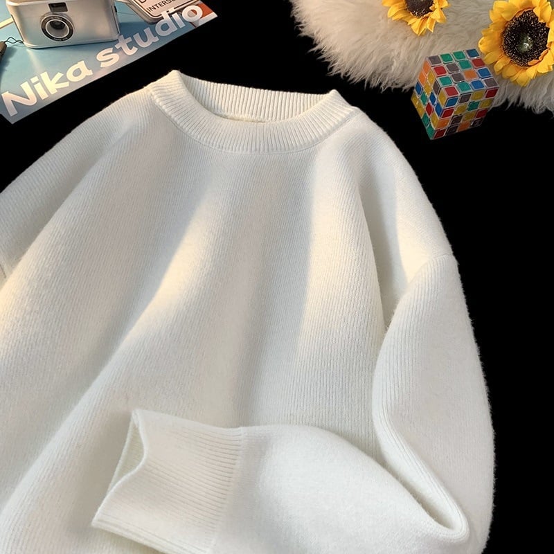 Πλεκτός ανδρικός πουλόβερ με fleece επένδυση, στενή γραμμή, στρογγυλός λαιμός, μακριά μανίκια, ύφασμα από μείγμα πολυεστέρα και βισκόζης