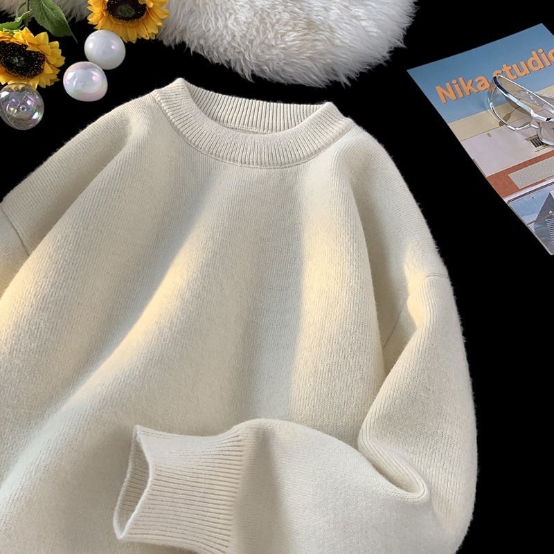 Πλεκτός ανδρικός πουλόβερ με fleece επένδυση, στενή γραμμή, στρογγυλός λαιμός, μακριά μανίκια, ύφασμα από μείγμα πολυεστέρα και βισκόζης