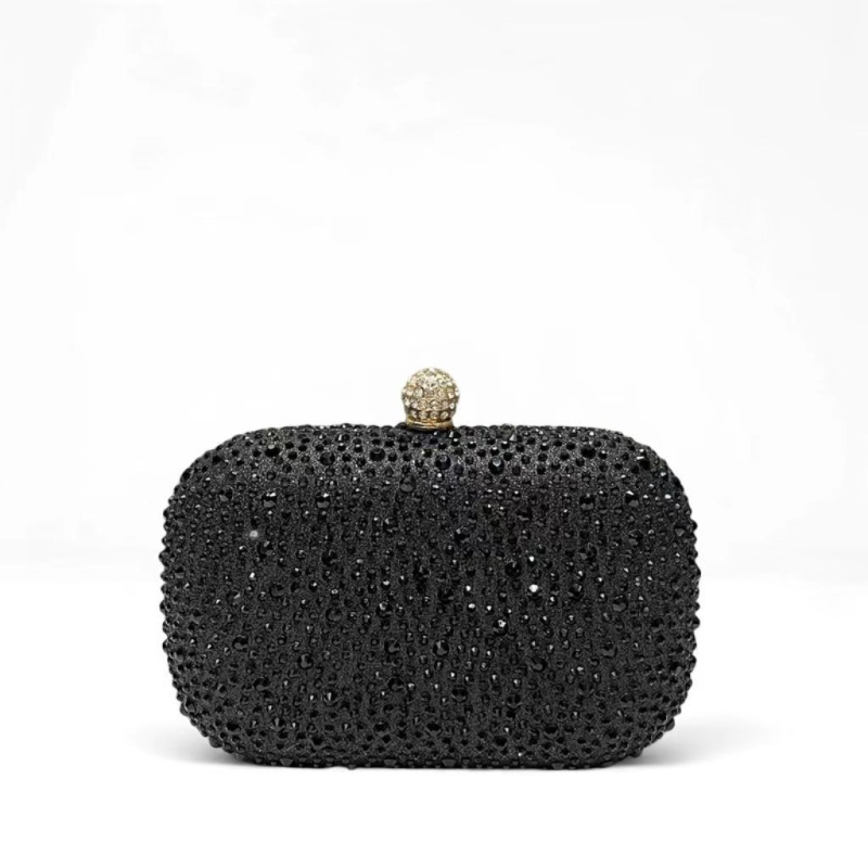 Doboz-stílusú estélyi clutch üveg strassz díszítéssel, vízszintes négyszögletes forma, záródás, merev váz, poliészter bélés