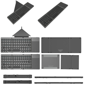 Bluetooth клавиатура с PU кожен калъф, сгъваема на три части, управление с докосване, ABS материал, до 87 клавиши