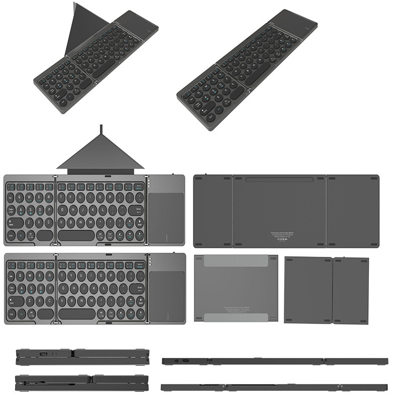 Bluetooth клавиатура с PU кожен калъф, сгъваема на три части, управление с докосване, ABS материал, до 87 клавиши