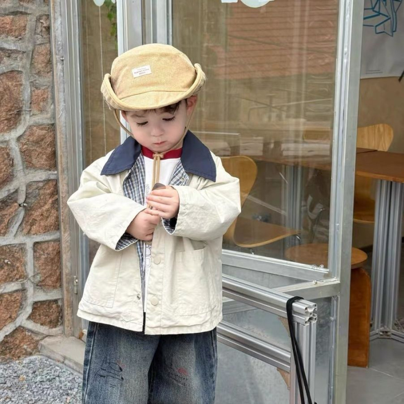 Koreai stílusú reverszibil gyerekruha készlet, korduroj fő anyaggal, nyúl szőr béléssel, levehető kapucnival, 1–3 éveseknek