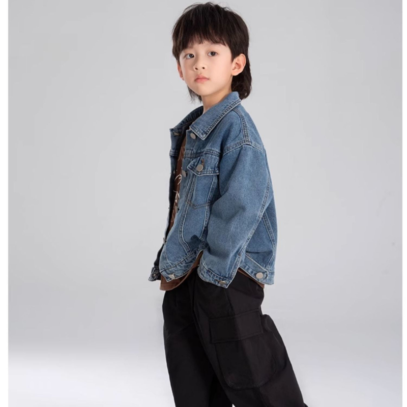 Παιδικό τζιν μπουφάν – Κορεατικό στυλ, V-λαιμόκοψη, Μονόχρωμο, Βαμβάκι, Για νεογέννητα 0–1 έτους