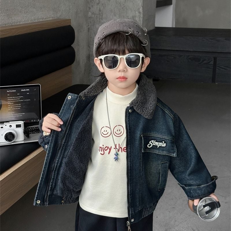 Ζακέτα corduroy για αγόρια με αποσπώμενη κουκούλα, παχιά επένδυση φλίς και γιακά από γούνα, για τον χειμώνα