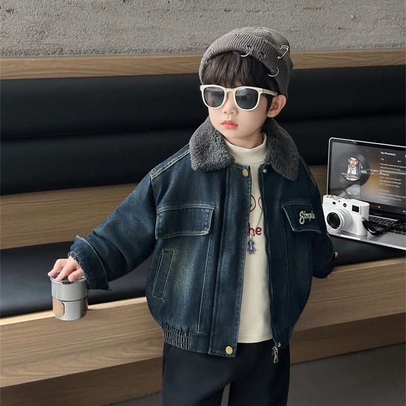 Ζακέτα corduroy για αγόρια με αποσπώμενη κουκούλα, παχιά επένδυση φλίς και γιακά από γούνα, για τον χειμώνα