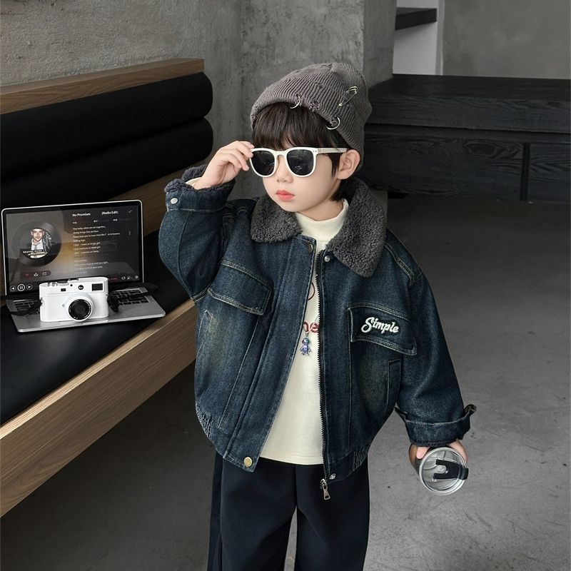 Ζακέτα corduroy για αγόρια με αποσπώμενη κουκούλα, παχιά επένδυση φλίς και γιακά από γούνα, για τον χειμώνα