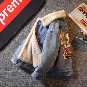 Τζάκετ τζιν για παιδιά με επένδυση fleece, παχύτερο, με αποσπώμενη κουκούλα, εκτύπωση κινούμενων σχεδίων, για ηλικίες 1–3 ετών