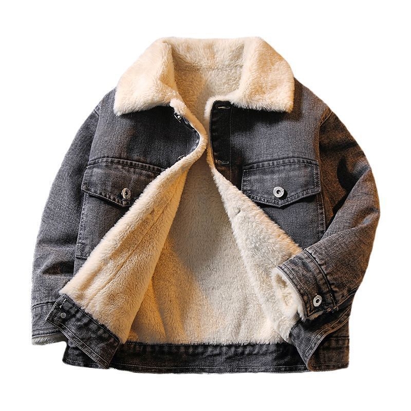 Τζάκετ τζιν για παιδιά με επένδυση fleece, παχύτερο, με αποσπώμενη κουκούλα, εκτύπωση κινούμενων σχεδίων, για ηλικίες 1–3 ετών