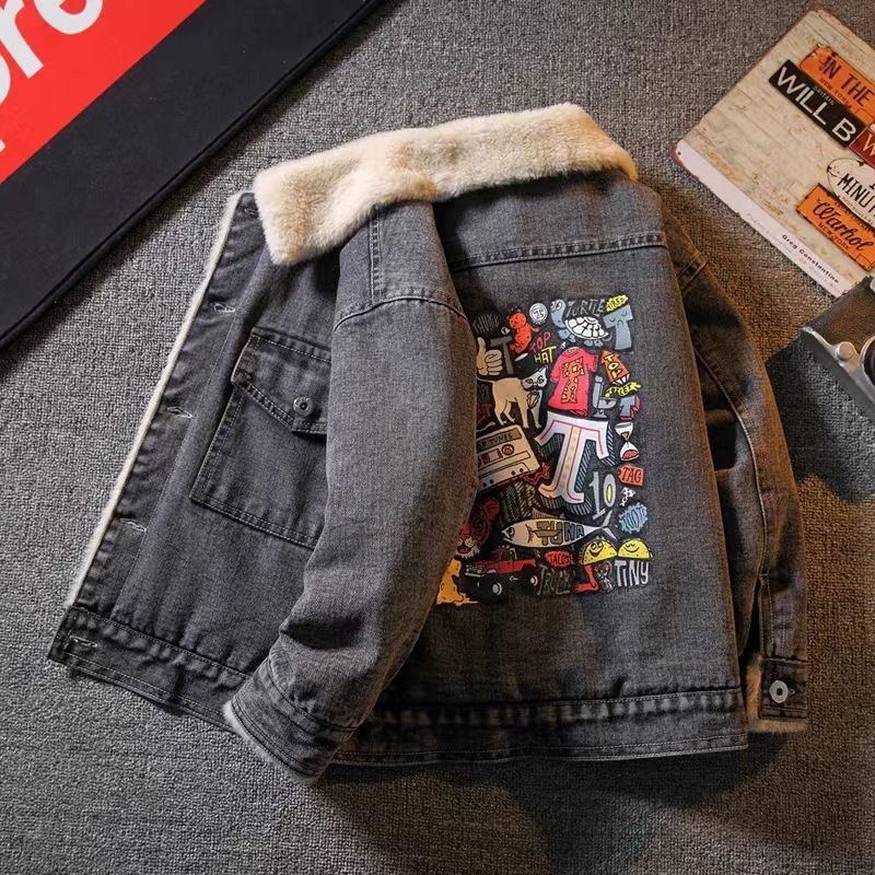 Τζάκετ τζιν για παιδιά με επένδυση fleece, παχύτερο, με αποσπώμενη κουκούλα, εκτύπωση κινούμενων σχεδίων, για ηλικίες 1–3 ετών