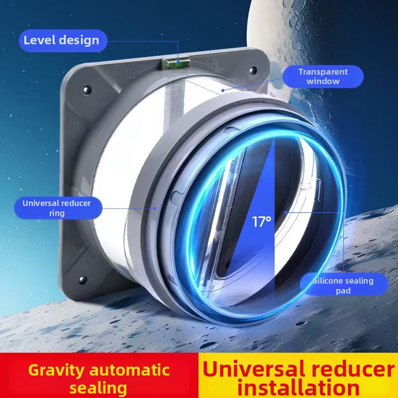 Dvojzámková spätná klapka pre univerzálny kuchynský digestor — vývod vzduchu, výfukové potrubie, moderný minimalistický štýl