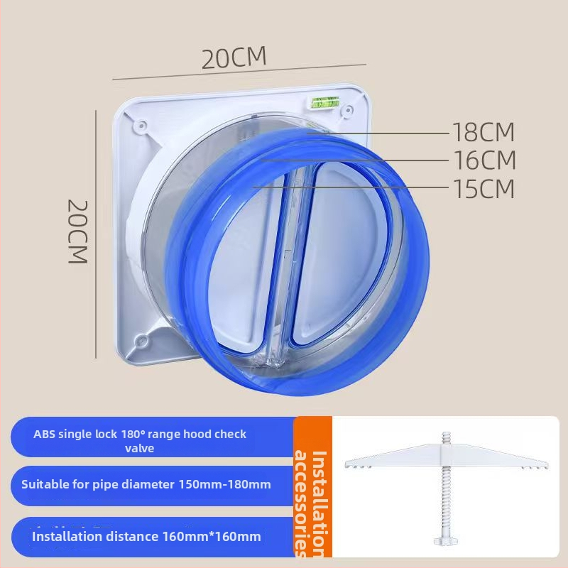 Dvojzámková spätná klapka pre univerzálny kuchynský digestor — vývod vzduchu, výfukové potrubie, moderný minimalistický štýl