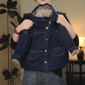 Παιδικό τζιν μπουφάν σε κορεατικό στυλ, φλις επένδυση, χαλαρή γραμμή, αποσπώμενη κουκούλα