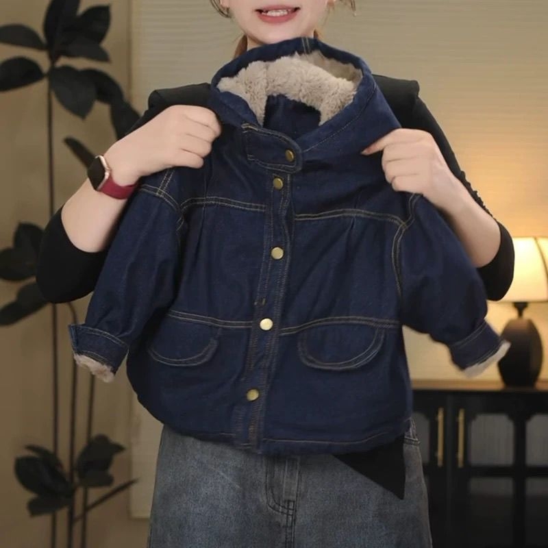 Παιδικό τζιν μπουφάν σε κορεατικό στυλ, φλις επένδυση, χαλαρή γραμμή, αποσπώμενη κουκούλα