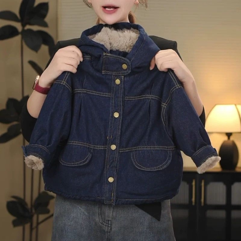 Παιδικό τζιν μπουφάν σε κορεατικό στυλ, φλις επένδυση, χαλαρή γραμμή, αποσπώμενη κουκούλα