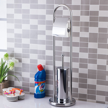 Muyu bathroom vertikálny stojan na kefu na toaletu z nehrdzavejúcej ocele so zásobníkom na papier a základňou, model 306, moderný minimalistický štýl, zrkadlový povrch