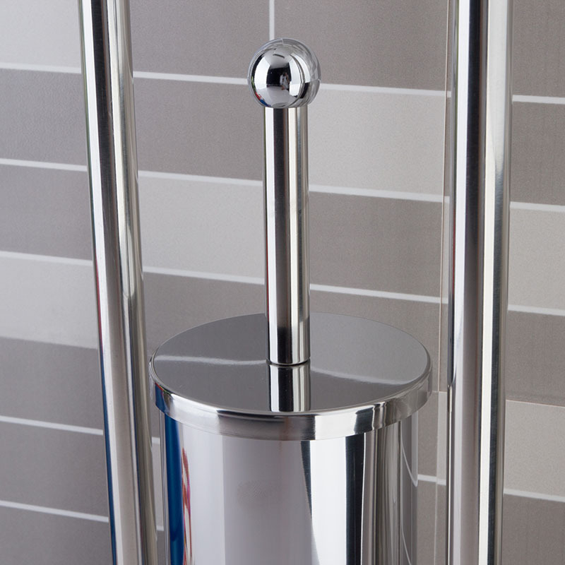 Muyu bathroom vertikálny stojan na kefu na toaletu z nehrdzavejúcej ocele so zásobníkom na papier a základňou, model 306, moderný minimalistický štýl, zrkadlový povrch