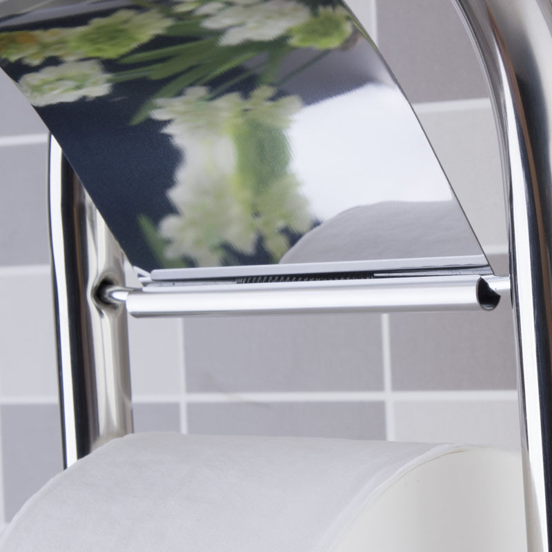 Muyu bathroom vertikálny stojan na kefu na toaletu z nehrdzavejúcej ocele so zásobníkom na papier a základňou, model 306, moderný minimalistický štýl, zrkadlový povrch