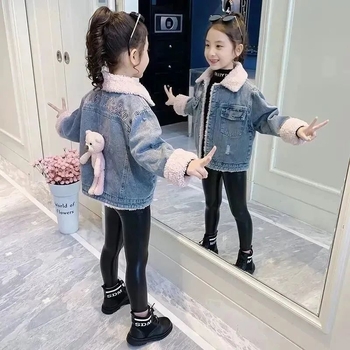 Τζιν τζάκετ για κορίτσια, με παχιά επένδυση φλίς, Χειμώνας 2025, Κορεατικό στυλ, Πολυεστέρας 90%, Για κορίτσια 3–8 ετών