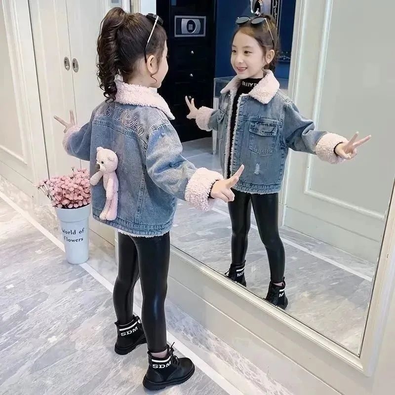 Τζιν τζάκετ για κορίτσια, με παχιά επένδυση φλίς, Χειμώνας 2025, Κορεατικό στυλ, Πολυεστέρας 90%, Για κορίτσια 3–8 ετών