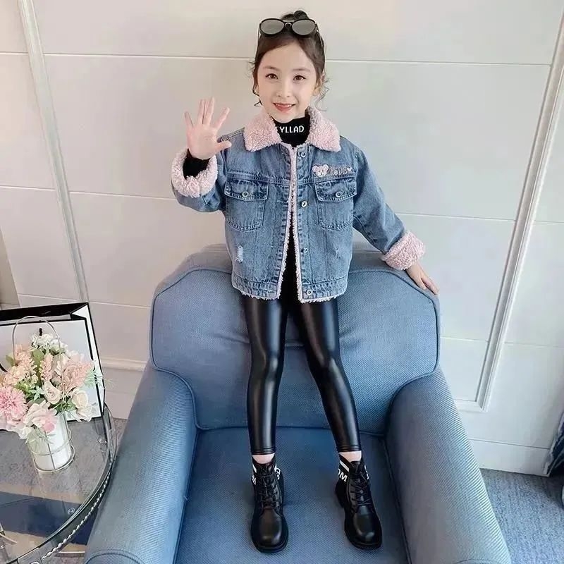 Τζιν τζάκετ για κορίτσια, με παχιά επένδυση φλίς, Χειμώνας 2025, Κορεατικό στυλ, Πολυεστέρας 90%, Για κορίτσια 3–8 ετών