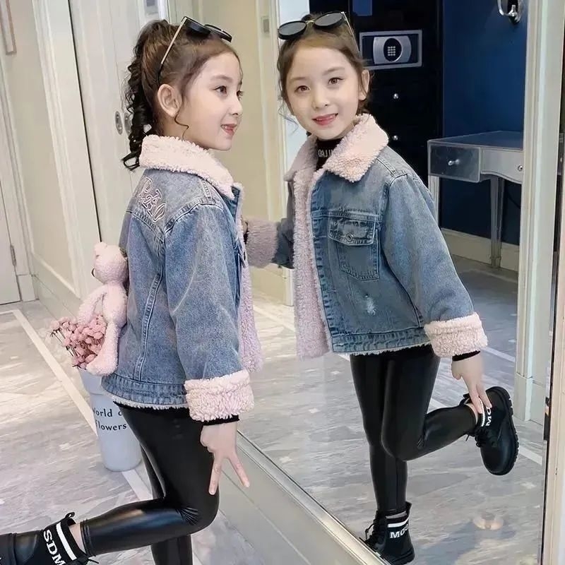 Τζιν τζάκετ για κορίτσια, με παχιά επένδυση φλίς, Χειμώνας 2025, Κορεατικό στυλ, Πολυεστέρας 90%, Για κορίτσια 3–8 ετών