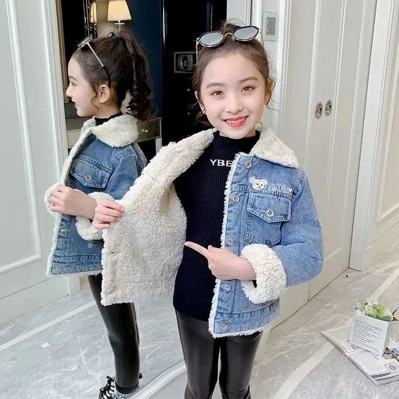 Τζιν τζάκετ για κορίτσια, με παχιά επένδυση φλίς, Χειμώνας 2025, Κορεατικό στυλ, Πολυεστέρας 90%, Για κορίτσια 3–8 ετών