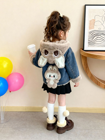 Παιδικό τζιν μπουφάν με φλις επένδυση, χειμερινό μοντέλο 2025, βαμβακικό ύφασμα 30-50%, με κουκούλα