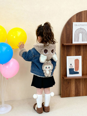 Παιδικό τζιν μπουφάν με φλις επένδυση, χειμερινό μοντέλο 2025, βαμβακικό ύφασμα 30-50%, με κουκούλα