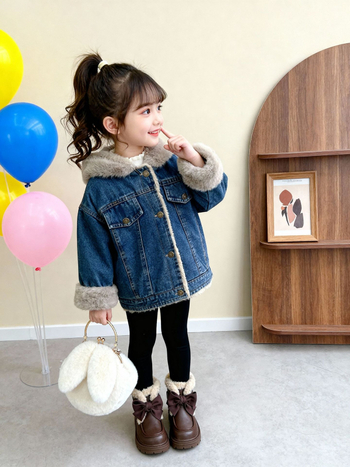 Παιδικό τζιν μπουφάν με φλις επένδυση, χειμερινό μοντέλο 2025, βαμβακικό ύφασμα 30-50%, με κουκούλα