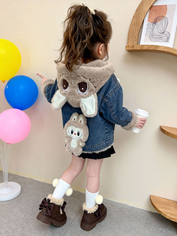 Παιδικό τζιν μπουφάν με φλις επένδυση, χειμερινό μοντέλο 2025, βαμβακικό ύφασμα 30-50%, με κουκούλα