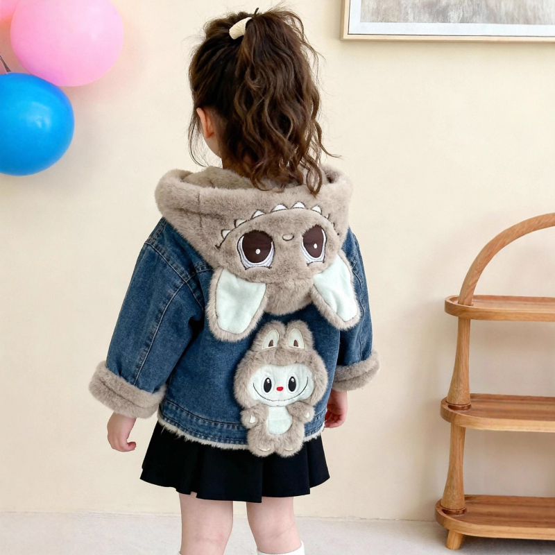 Παιδικό τζιν μπουφάν με φλις επένδυση, χειμερινό μοντέλο 2025, βαμβακικό ύφασμα 30-50%, με κουκούλα