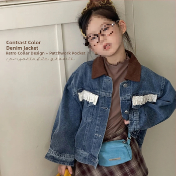 Τζιν μπουφάν για κορίτσια με ρετρό γιακά — Φθινόπωρο 2025, χαλαρό στυλ, 80% βαμβάκι, για ηλικίες 3–8 ετών