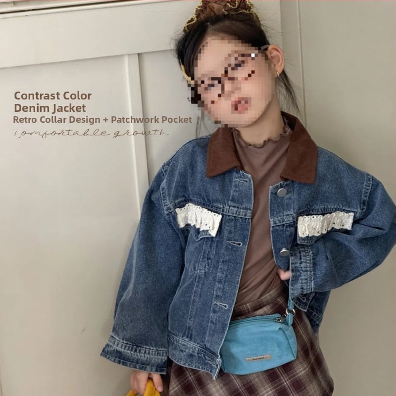 Τζιν μπουφάν για κορίτσια με ρετρό γιακά — Φθινόπωρο 2025, χαλαρό στυλ, 80% βαμβάκι, για ηλικίες 3–8 ετών