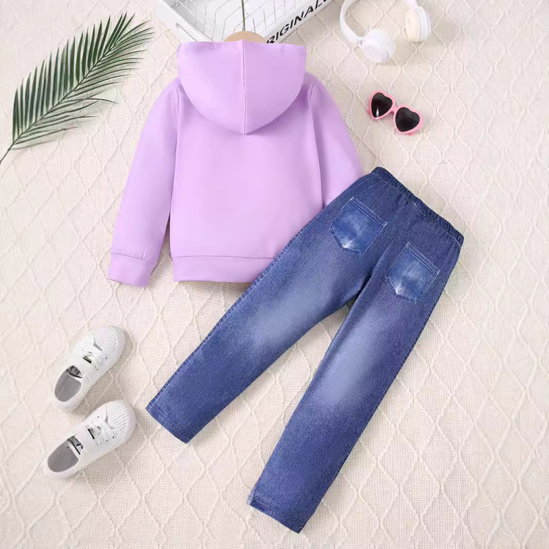 Dvoje-dijelni dječji set hlača s denim printom i elastičnim pojasom; pleteni materijal 95% poliestera, za djecu 3–8 godina, jesen 2024