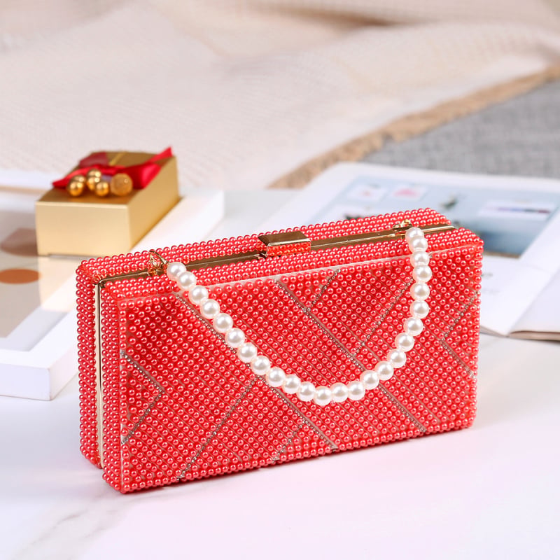 Torba za večer s biserima, PVC vanjska strana, podstava od poliestera, crossbody stil, horizontalni četverokut, zatvaranje kopčom, džep za telefon