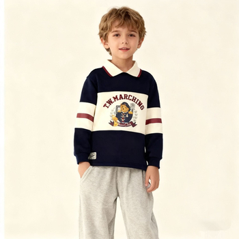 Muška polo majica s fleece podstavom, stojeći ovratnik, patchwork izšiven dizajn, pamuk, za zimu
