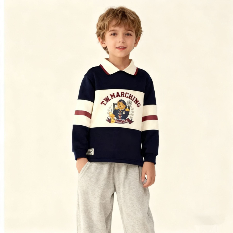 Muška polo majica s fleece podstavom, stojeći ovratnik, patchwork izšiven dizajn, pamuk, za zimu