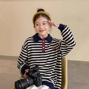 Csíkos hímzett pamut polo gyerekeknek, 8 év felett, ősz 2025