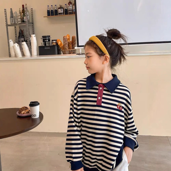 Csíkos hímzett pamut polo gyerekeknek, 8 év felett, ősz 2025