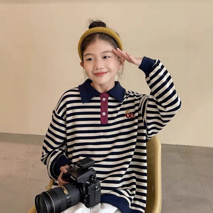 Csíkos hímzett pamut polo gyerekeknek, 8 év felett, ősz 2025