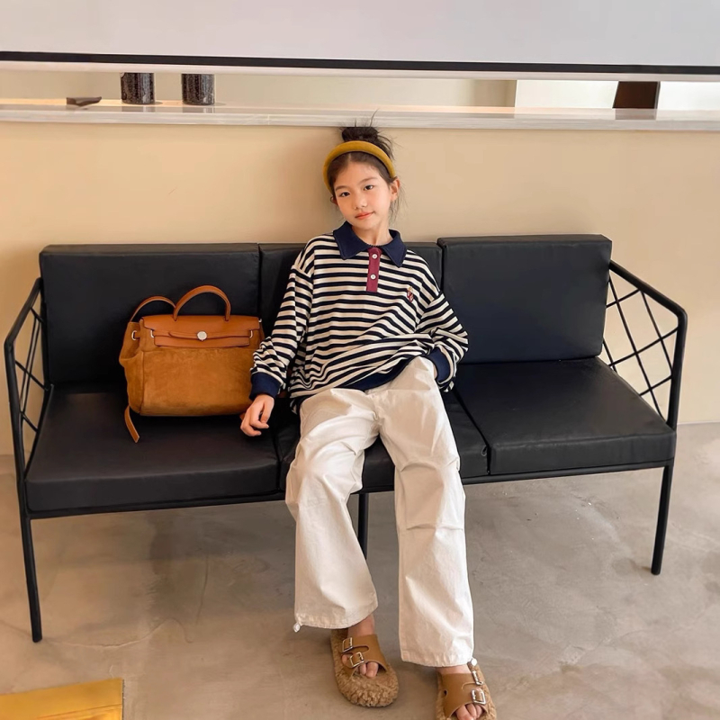 Csíkos hímzett pamut polo gyerekeknek, 8 év felett, ősz 2025