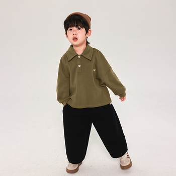 Fiúknak szóló polo felső, koreai stílusban, hosszú ujjú, 100% pamut, 3–8 éveseknek