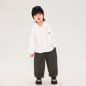 Fiúknak szóló polo felső, koreai stílusban, hosszú ujjú, 100% pamut, 3–8 éveseknek