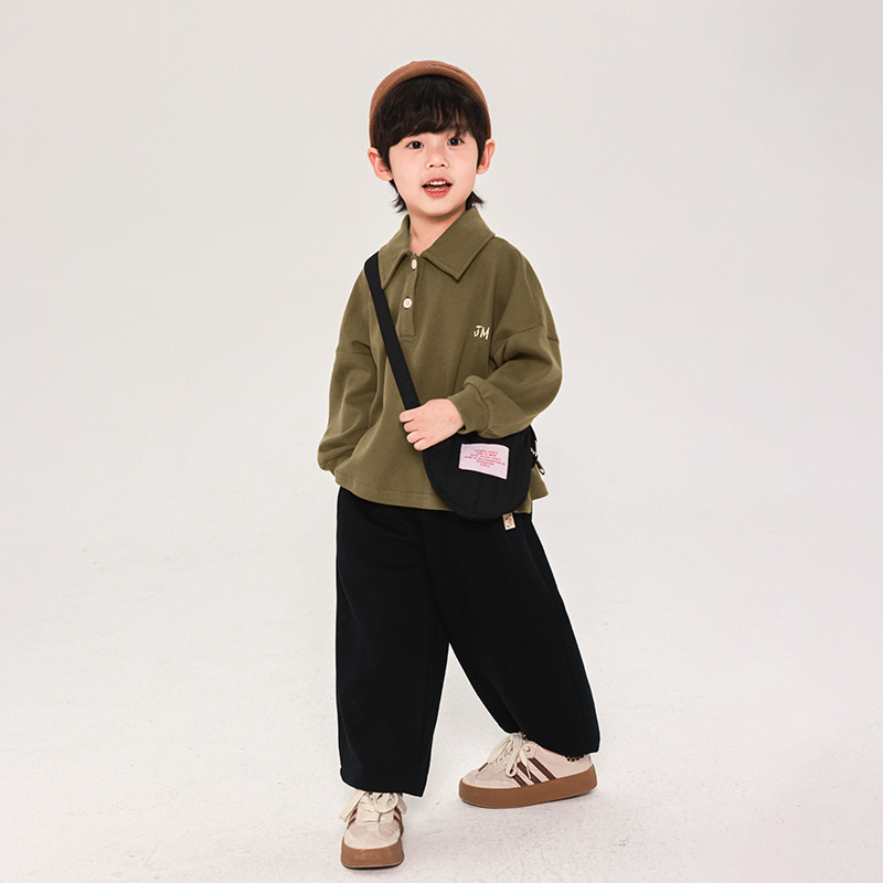 Fiúknak szóló polo felső, koreai stílusban, hosszú ujjú, 100% pamut, 3–8 éveseknek
