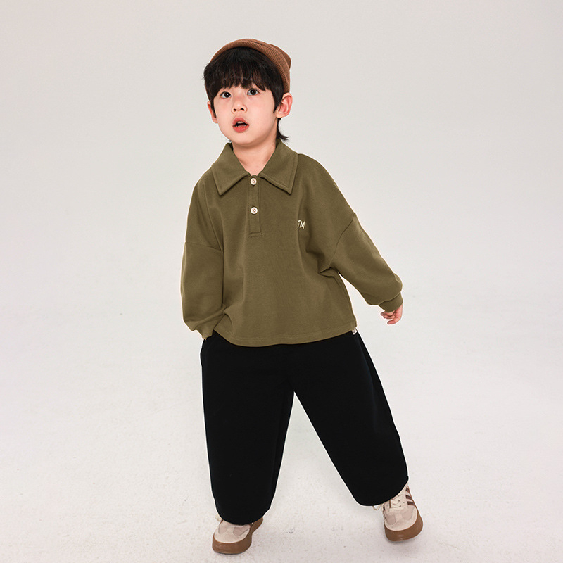 Fiúknak szóló polo felső, koreai stílusban, hosszú ujjú, 100% pamut, 3–8 éveseknek
