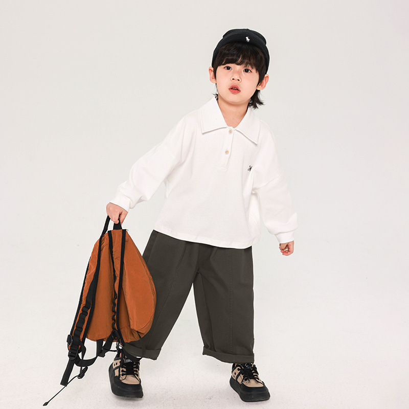 Fiúknak szóló polo felső, koreai stílusban, hosszú ujjú, 100% pamut, 3–8 éveseknek